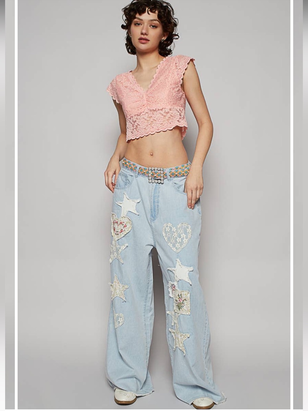 New: POL Mixed Heart Star Patchwork Lightweight Wide Leg Pants• Small